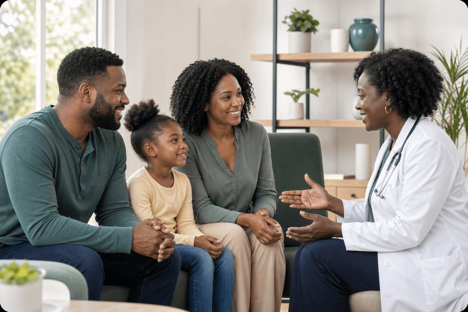 A family speaking with their doctor during a health consultation