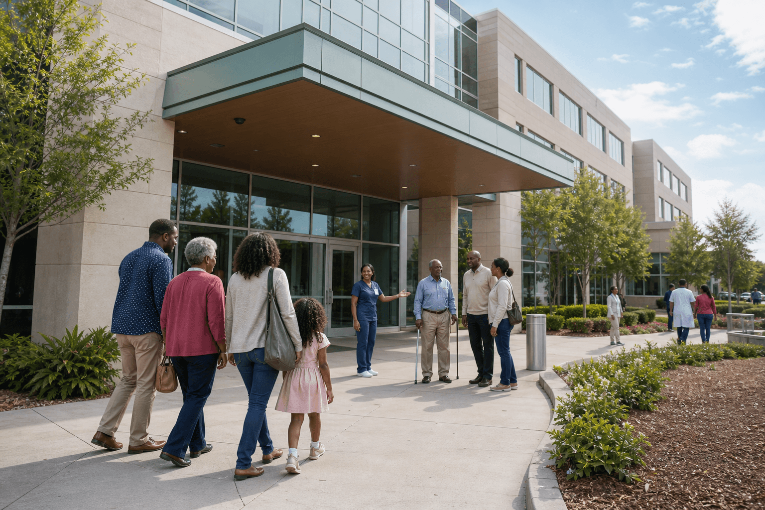 Patients and families arriving at a modern hospital