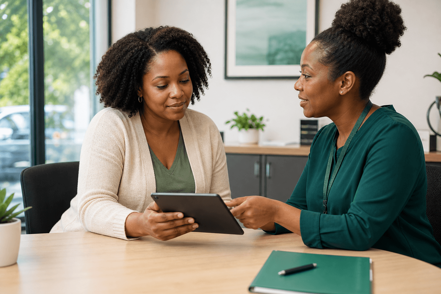 A patient completing healthcare registration with a care coordinator