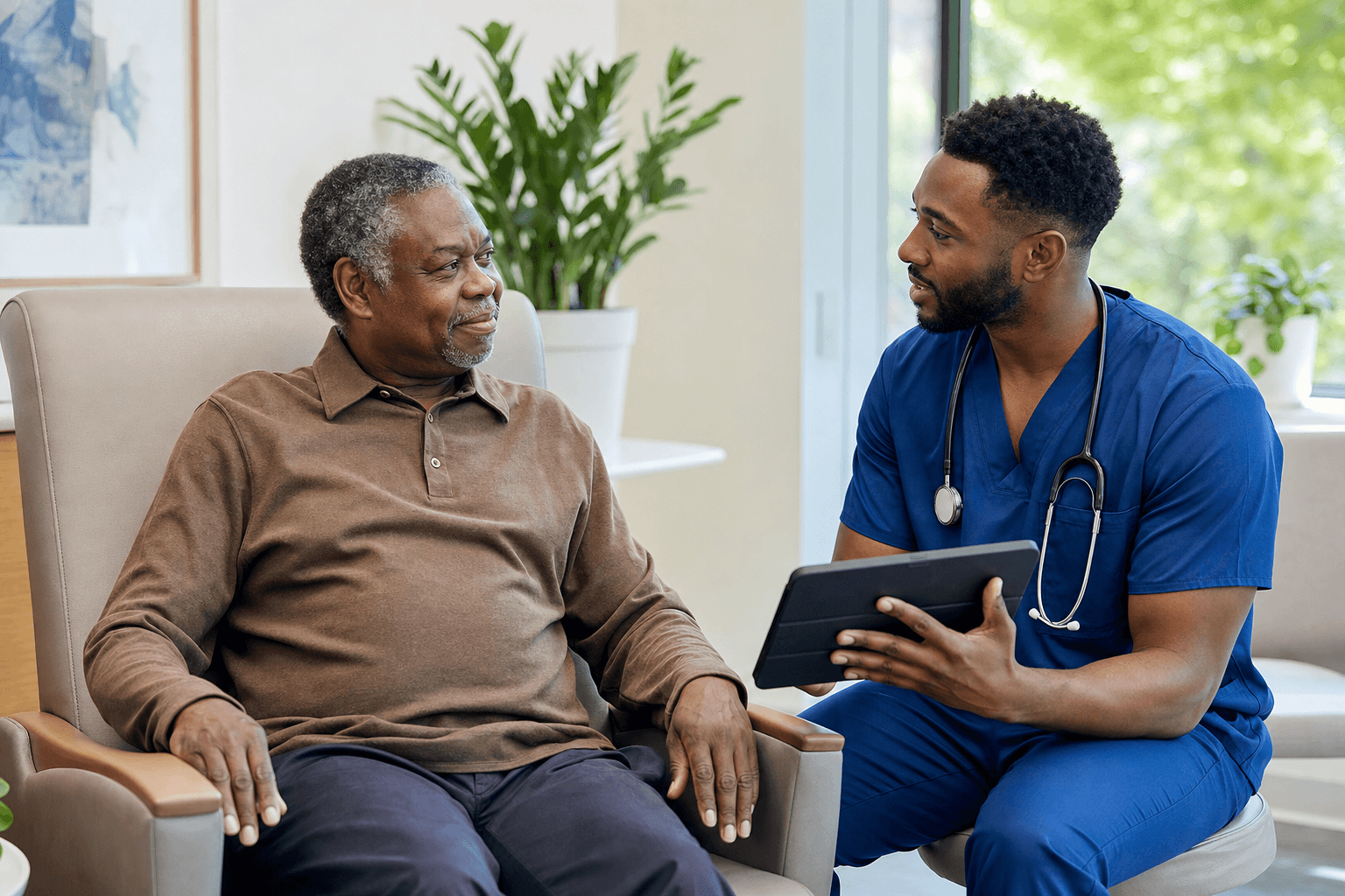 A nurse discussing recovery progress with an older patient